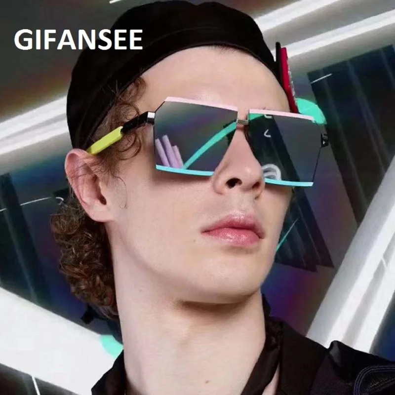 

GIFANSEE Rimless square sunglasses men women oversized glasses luxury brand designer shades eyewear uv400 vintage high quality