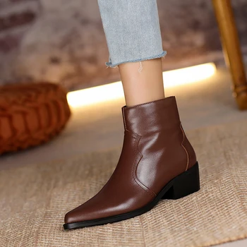 

Concise Genuine Leather Women's Ankle Boots 2020 Autumn Winter Thick Heels boots Newest Office Lady Party Shoes Woman