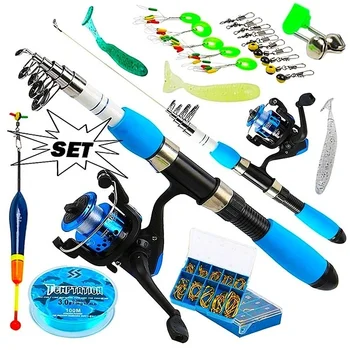 

Sougayilang Portable Telescopic Fishing Travel Combo 1.0-1.8m Fishing Rod and Spinning Blue Reel Baits Hooks Line Full Set