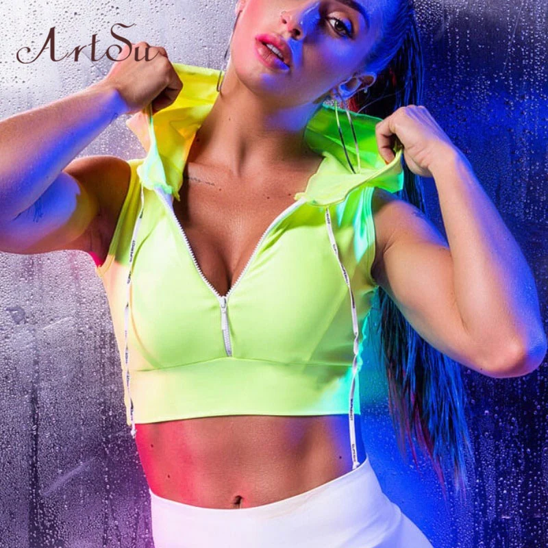 ArtSu Neon Green Женские Короткие Топы повседневные топы для женщин топ сексуальный Femme жилет Bodycon фитнес уличная одежда мода ASVE20822