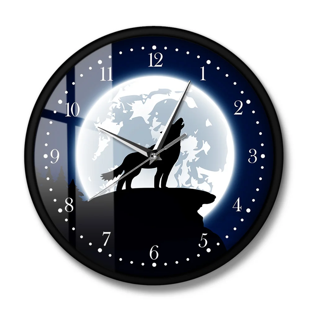 Wolf & Moon Wall Clock Metal Frame  