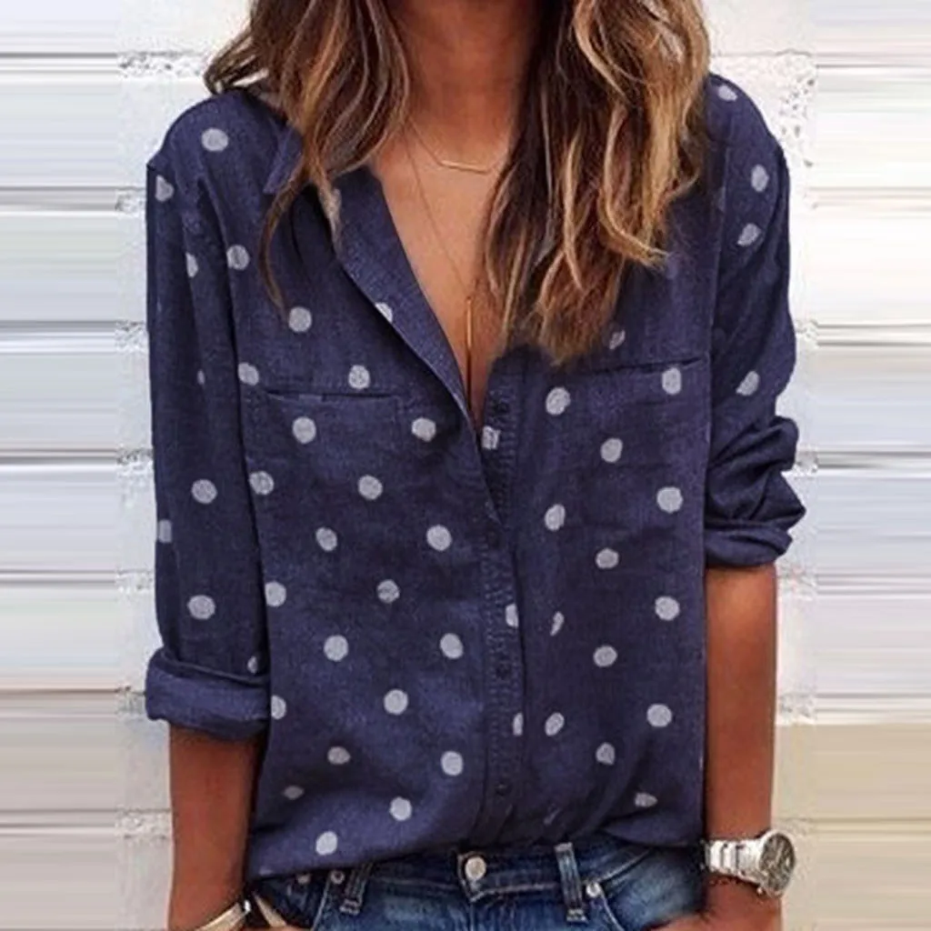 

Women Polka Dot Blouse Casual Summer Ladies Long Sleeve Trun Down Collar Printing Casual Blouse bluzki damskie women tops Shirt