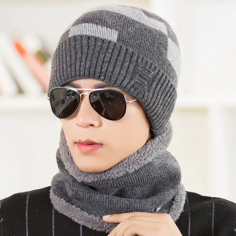 grey hat set Комплект из 2 предметов, зимняя шапка и шарф, набор для Для мужчин вязать шапочки вязаные шарфы Кепки из толстого плюша; теплая зимняя куртка на хлопковом подкладе для мальчиков головные уборы наборы - Цвет: grey hat set