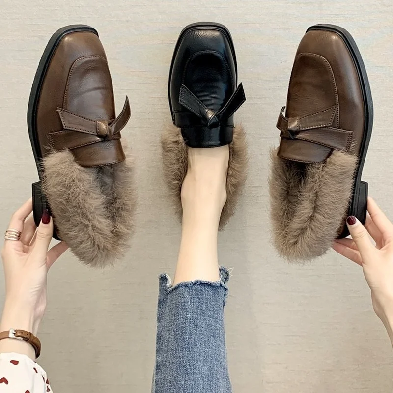 Zapatos De Mujer 2022 Fashion Women Loafers Faux Rabbit Fur Slip-on Shoes Woman Low Heels Casual Shoes Plush Warm Boat Shoes