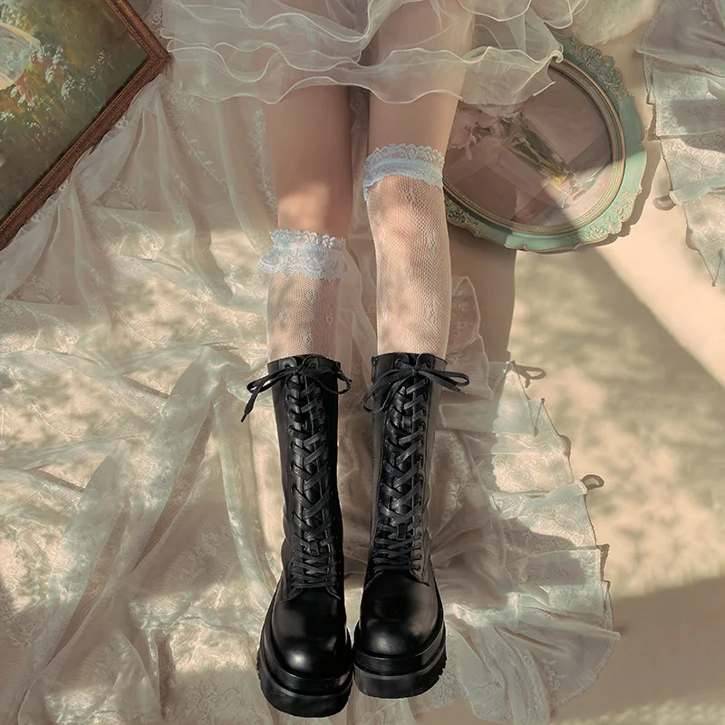 

Japanese Style over the Knee Girl Cherry Blossom Bunching Socks Lace Mid-Calf Length Socks Lolita Beautiful Student Knee Socks
