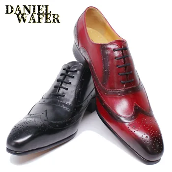 

FASHION BRAND MEN OXFORD SHOES BLACK RED MEN FORMAL SHOES POINTED WING TIP LACE UP LUXURY DRESS WEDDING OFFICE LEATHER SHOES MEN