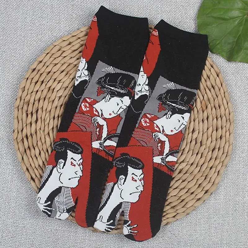 1 пара, мужские и женские разноцветные сандалии с раздельным носком, средние короткие носки с двумя пальцами, Geta, кимоно, Вьетнамки, смесь хлопка, ZXY9797 - Цвет: Pattern 1 Black
