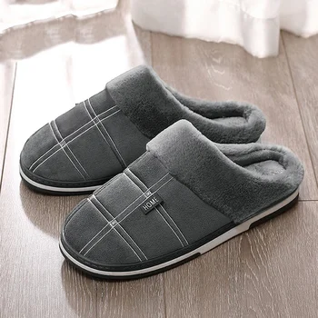 

Men's slippers Winter Keep warm Gingham Suede Short plush Indoor shoes for male Non slip Memory Foam Soft Home Fur slippers men
