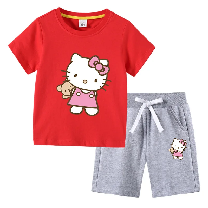 thumbnail image 1 of Camiseta con estampado de dibujos animados de verano de Hello Kitty + Pantalones casuales traje de dos piezas de manga corta de algodón para niños y niñas pueden usar, 1 of 5
