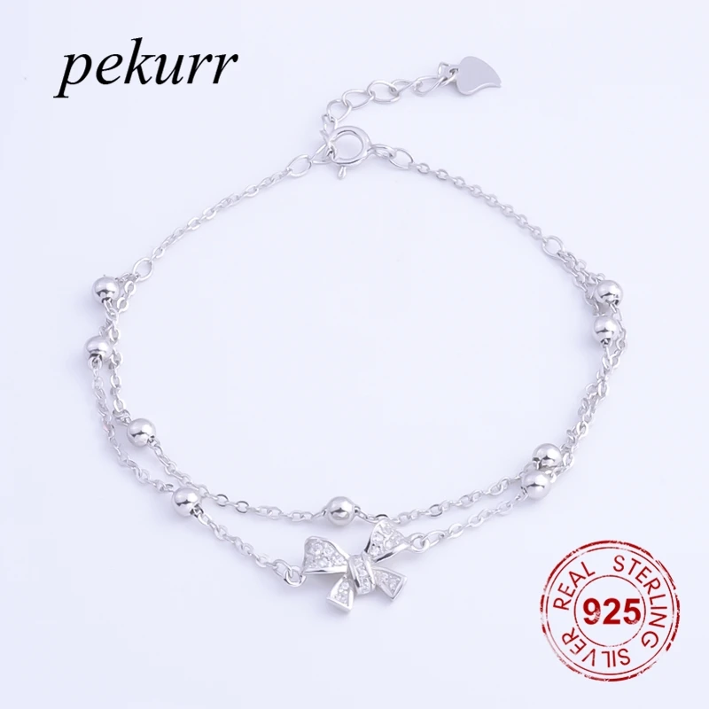 Pekurr Cubic Zirconia 925 Sterling Silver Butterfly Bracelets Charms For Women Accesories Round Ball Bead Chains