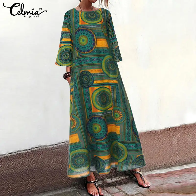 Women Summer Dress 2021 Celmia Bohemian Printed O-neck Vestidos Kaftan Robe Longue 3/4 Sleeves Casual Loose Party Maxi Dresses | Женская