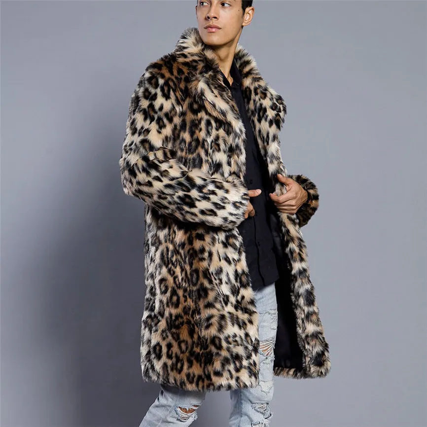 Мужское леопардовое утолщенное длинное пальто, теплое толстое пальто с меховым воротником, куртка, парка из искусственного меха, кардиган, мужская мода, стиль джентльмена