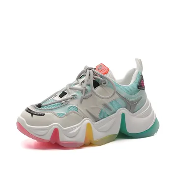 

Sneakers Ladies Leather Round Toe Shoes Dad Shoes Ladies Color Matching Casual Shoes Spring New Thick-soled Shoes