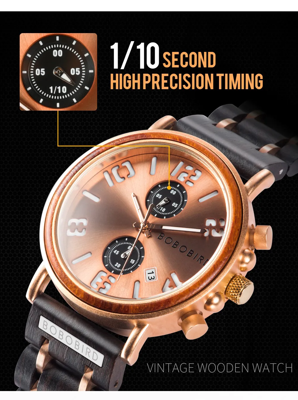 Гравировка ваше имя индивидуальные часы BOBOBIRD мужские деревянные наручные часы светящиеся руки Золото Бизнес хронограф водонепроницаемый V-S26