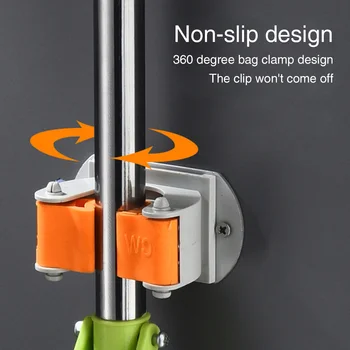 

Mop Holder Strong Bearing Space Saving Broom Organizer Slidable With Hooks Kitchen Bathroom Anti-rust Waterproof Wall Mounted