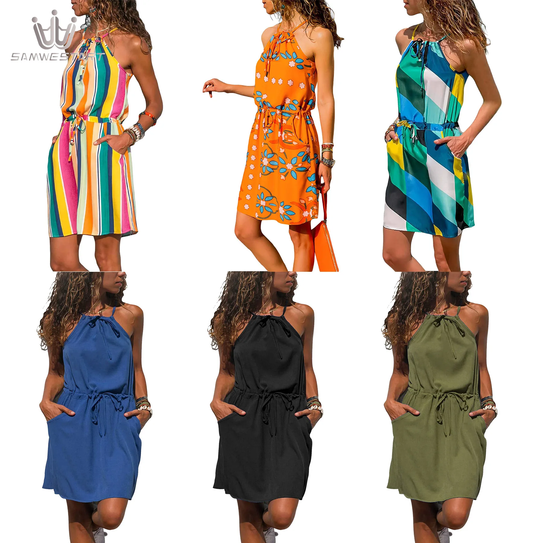Women's Short Dress New Style Strap Holiday Floral Dress Chiffon Loose Sleeveless Drawstring Sexy Dress Beach Style