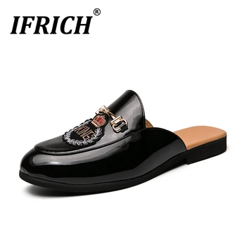 

New Luxury Men Casual Shoes Half Drag Summer Flats Men Shoes Bright Black Men Slip On Sneakers Comfortable Mens Half slippers