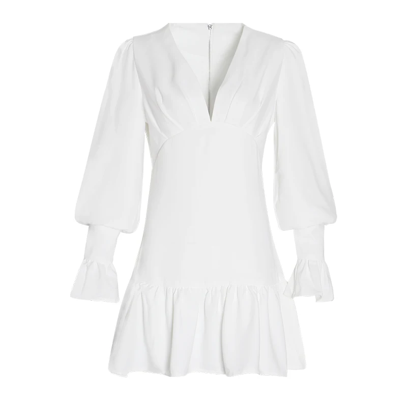 Koop TWOTWINSTYLE Elegante Slanke Vrouwen Jurk V hals Lantaarn Mouw Hoge Taille Ruches Mini Jurken Vrouwelijke Casual Voorjaar 2019 Nieuwe