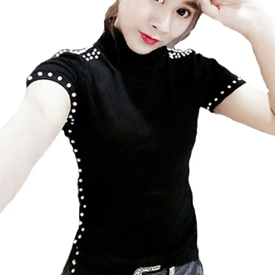 

plus size 5XL！fashion turtlenck beading short sleeve t-shirt women slim top tees