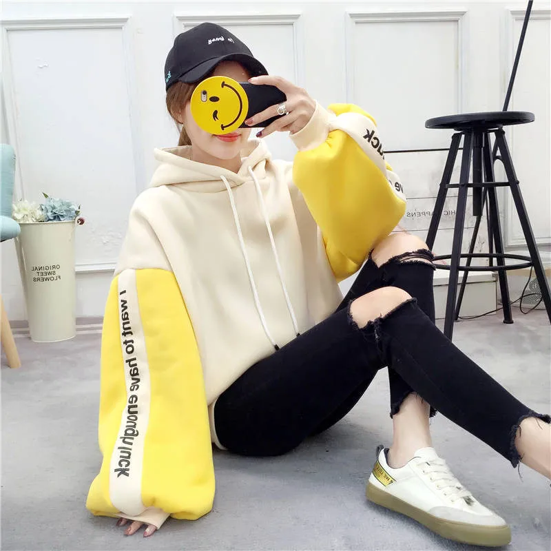 Осенние худи и толстовки для женщин Корейский Ulzzang Harajuku свободный карман длинный рукав свитшот с принтом в виде надписи Толстовка уличная