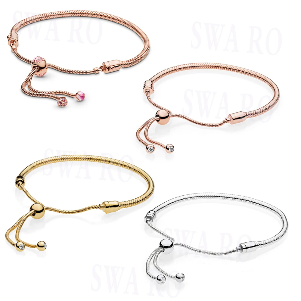 

Classic Silver 925 Rose Gold Shine, Pink Peach Blossom, Adjustable Sliding Snake Bracelet DIY Charm Original Female Jewelry gift