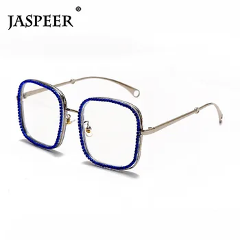 

JASPEER Rhinestone Oversized Square Glasses Frames Anti Blue Eyeglasses Men Women Computer Eye Protection Eyewear Optical Frames