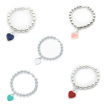 

S925 Sterling Silver Classic Lady Heart Shaped 8mm Round Bead Bracelet Jewelry Holiday Gift