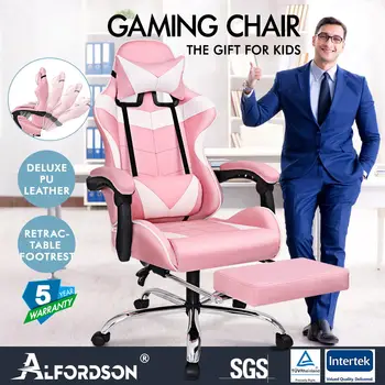 

ALFORDSON Gaming Chair Office Seat Generous Padding Footrest Executive Racing VOGLER Pink Colour