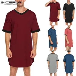 INCERUN Men Sleep Robes Short Sleeve V Neck Nightgown Homewear Comfortable Patchwork Loose Mens Bathrobes Dressing Gown S-5XL