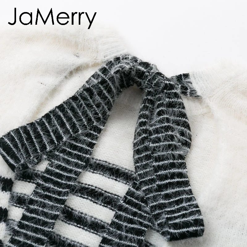 JaMerry Vintage sexy backless lace up mohair women pullover sweater Autumn winter soft female sweater casual Strip ladies jumper