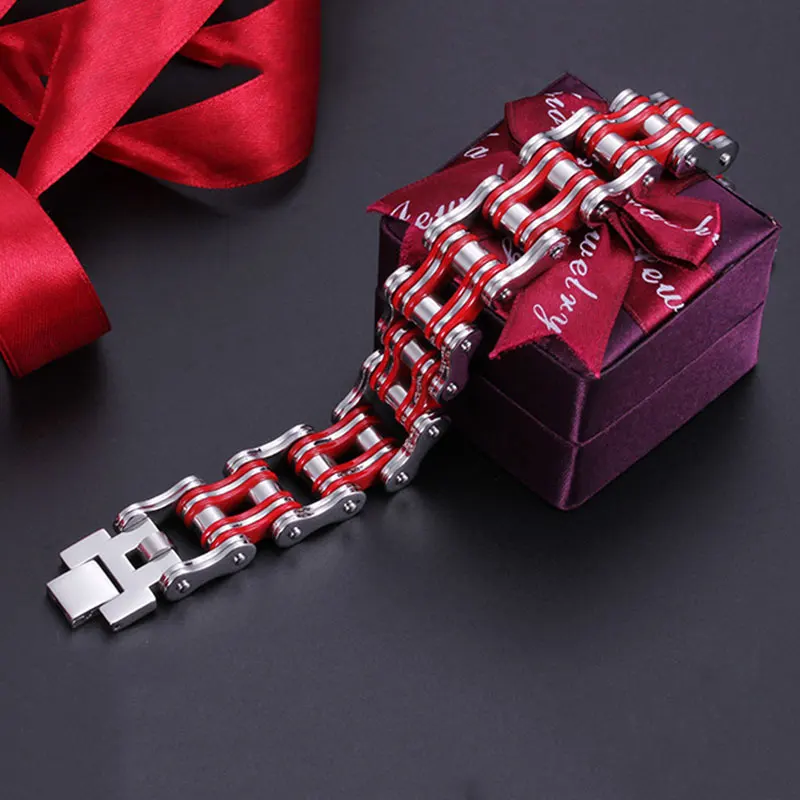 男士双层单车手链钢色+红色+钢色01