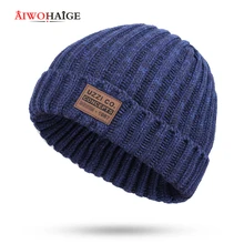 Брендовые зимние вязаные мужские кепки из хлопка теплые и удобные мужские шапки однотонные кожаные стандартные толстые женские модные лыжные шапочки мужские