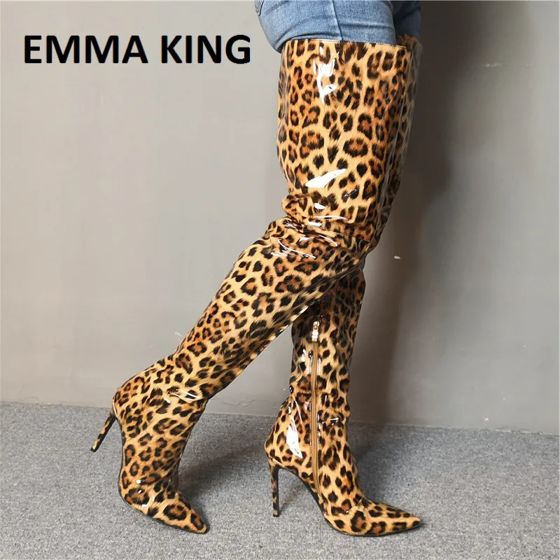 EMMA KING Leopard Print Women Over The Knee Boots Thin High Heels Boots Pointed Toe Fashion Shoes Female Shoes zapatos de mujer