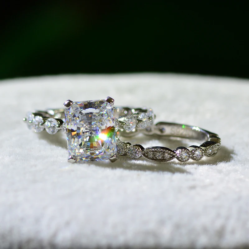 rings set Роскошные AAAAA+ Циркон 925 пробы серебряные Свадебные Кольца Набор для женщин высокое качество сверкающие CZ обручальные вечерние ювелирные изделия - Цвет основного камня: rings set