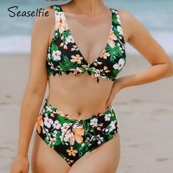 

SEASELFIE Sexy Floral Print Scalloped Edge High-Waisted Bikini Sets Swimsuit Two Pieces Swimwear Women 2020 Beach Bathing Suit