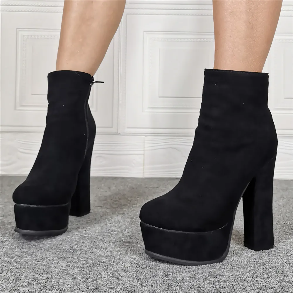 Kolnoo Handmade New Simple Style Women Chunky Heel Boots Kid-suede Platform Sexy Ankle Booties Large Size Fashion Winter Shoes