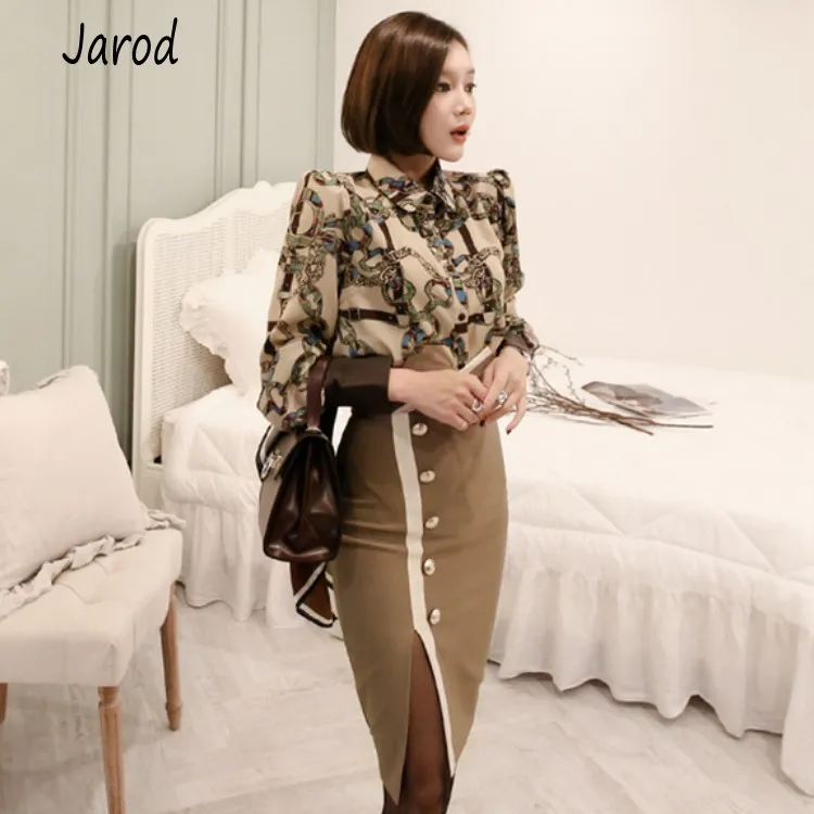 

2019 Formal Women 2 Piece Set Autumn Chiffon printing Long sleeve Blouse Tops+High waist split Pencil Bodycon skirts Work Suits