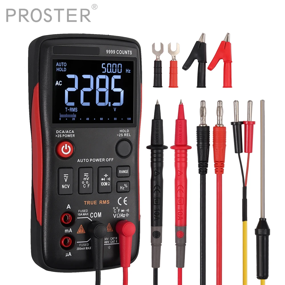 

Proster tester digital multimeter button design 9999 counts AC DC for ammeter voltmeter resistance capacitance +Alligator Clip