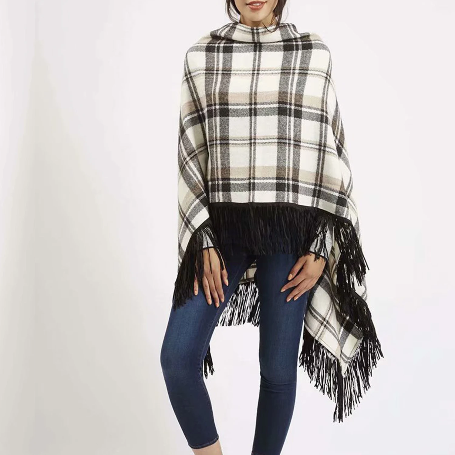 

Za style Autumn knitted sweater cloak women shawl plaid tassel edge back lengthening Chic lady casual pullover cloak femme shawl