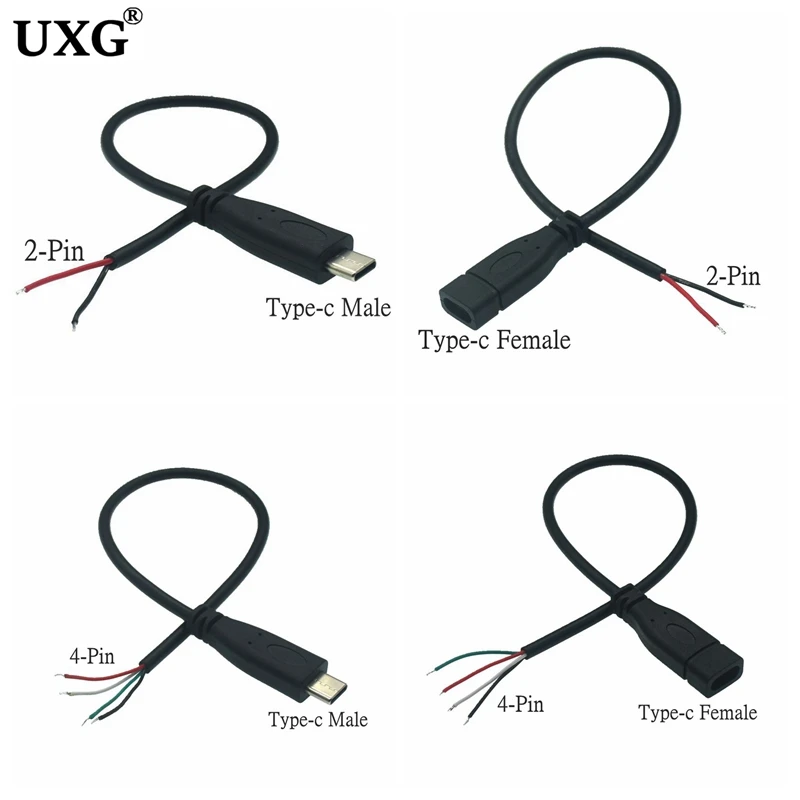 USB 2.0 C타입 전원 공급 장치 연장 와이어 케이블 충전기 커넥터, 수컷 암컷 플러그, C타입 2 핀 4 핀 DIY 데이터 라인, 25cm, 1M, 2M