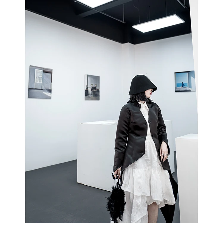 [DEAT] Свободная черная необычная куртка, новинка, с отворотом, с длинным рукавом, Женское пальто, модное, Осень-зима, 13E371