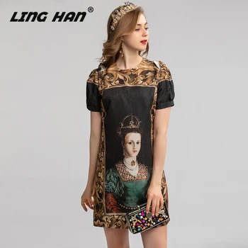 

LINGHAN Designer Women Spring Summer Vintage Print Short Sleeve Mini Dress Female Dresses Party Vestidos Robe Femme New