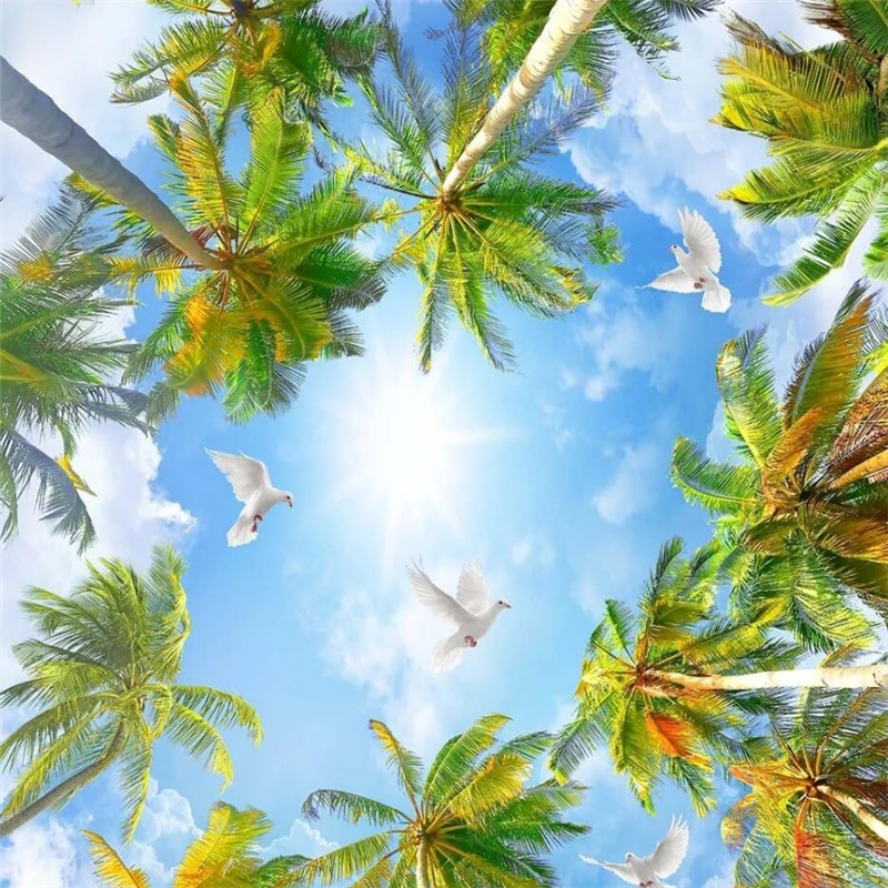 Beibehang-Hawaii-summer-coconut-palm-tree-ceiling-painting-blue-sky-and-white-clouds-ceiling-custom-large (5)