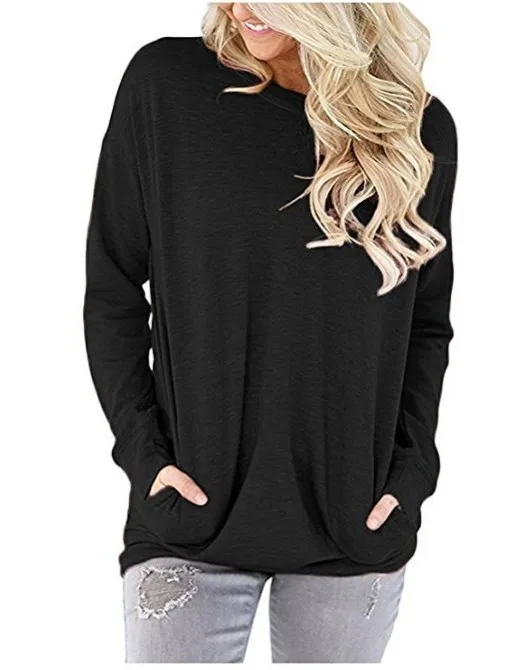 

2019 autumn glay new women's round Gray neck bat long sleeve pocket decorative T-shirts Black