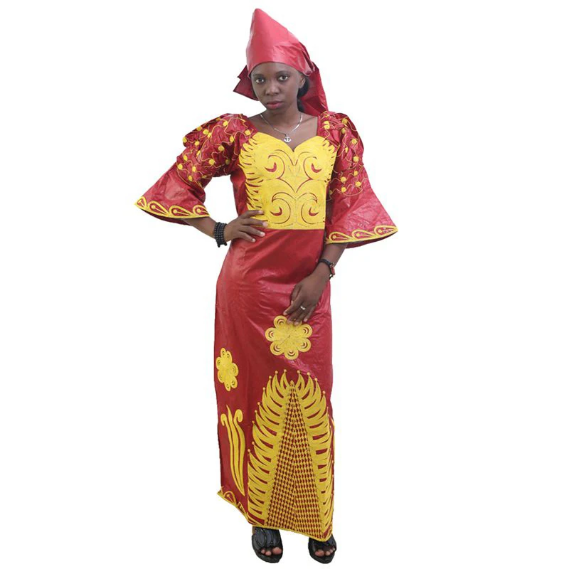 MD African Traditional Dress Women Bazin Riche Ankara Maxi Dresses Nigerian Wedding Embroidery Dashiki Dress With Headtie Turban