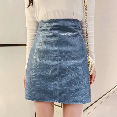 Женская Сексуальная мини-юбка карандаш из искусственной кожи с высокой талией, осенняя Женская юбка, повседневная элегантная юбка из искусственной кожи - Цвет: Синий
