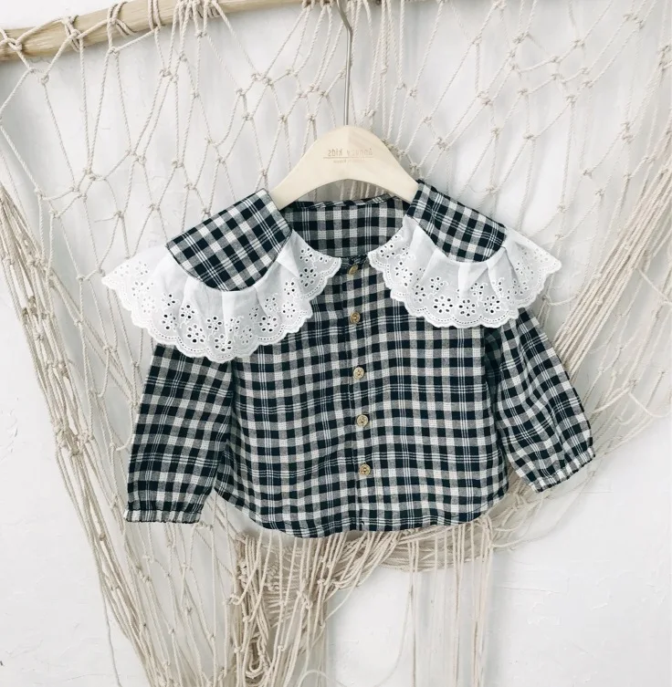 WLG/блузка для девочек; Детская осенняя кружевная клетчатая рубашка; повседневные топы для малышей; детская одежда