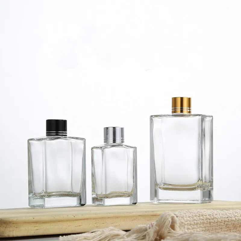 

5PCS/set 30ml /50ml /100ml Square Clear Glass Aromatherapy Bottle With Gold Silver Black aluminum lid
