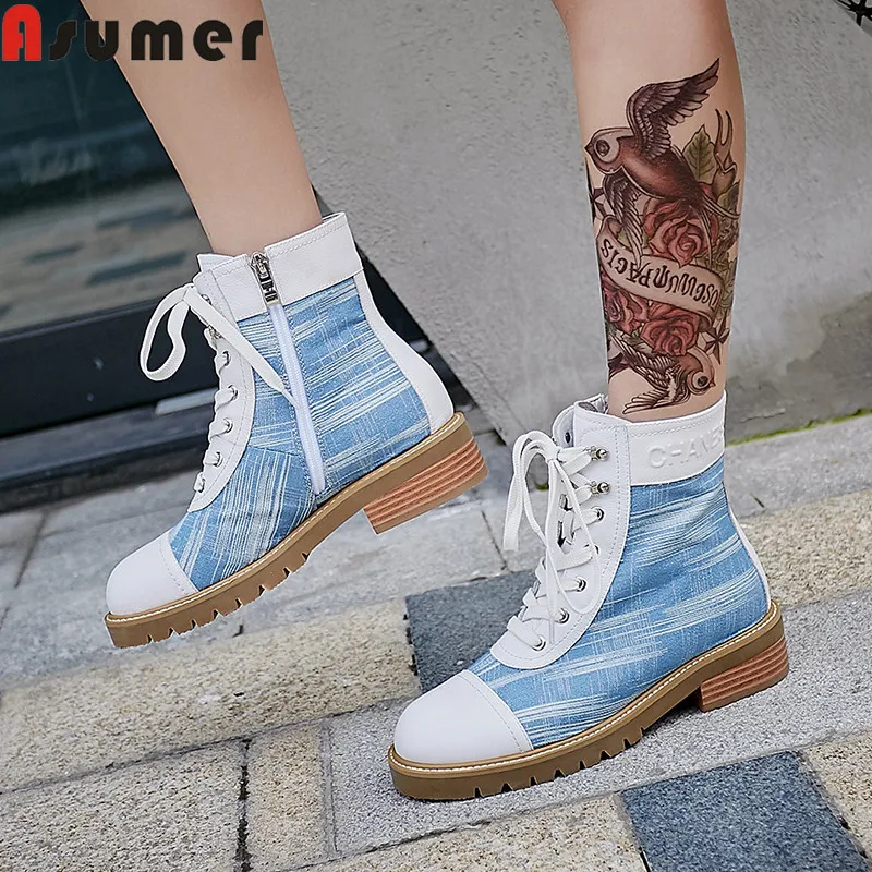 ASUMER new genuine leather boots women round toe zip ladies ankle boots square heels mixed colors prom autumn winter boots