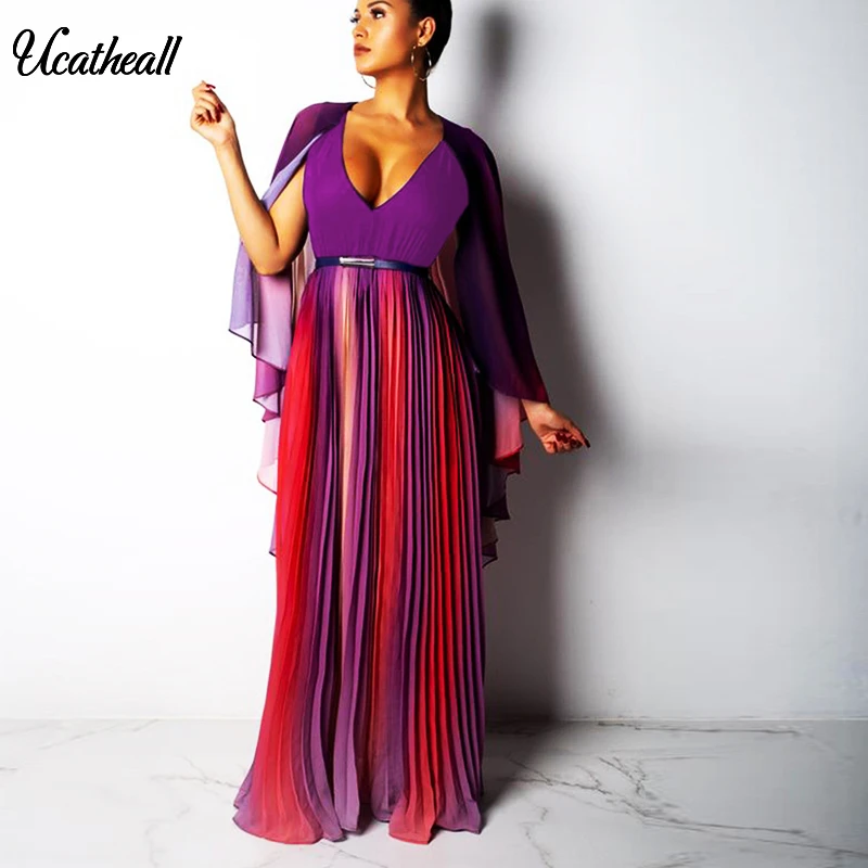 

Women Casual Color Block Rainbow Dress Sexy O Neck Striped Holiday Beach Fashion Long Dresses Cut Out Design Long Dresses